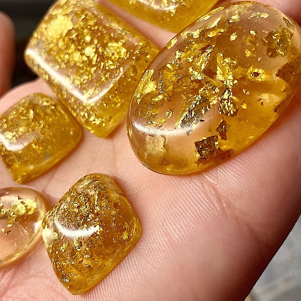 24kt Solid Gold Flake Leaf clear resin cabochons in various shapes & sizes